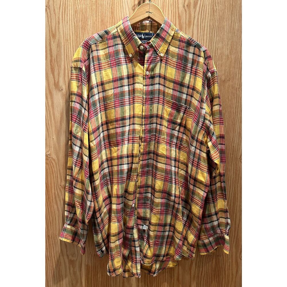 Vintage Polo Ralph Lauren M The Big Shirt Linen Yellow Red XL Men's Plaid